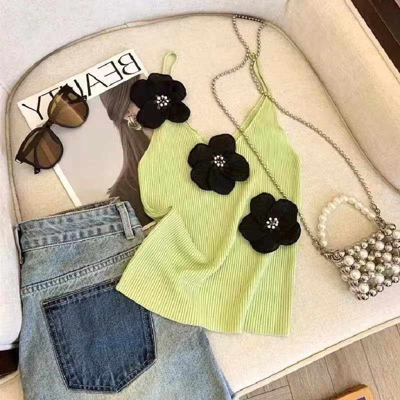 Youthful Camisole Vest for Women Fashionable and Irregular Bottoming Top Retro Three-dimensional Flower Off-shoulder Blouse