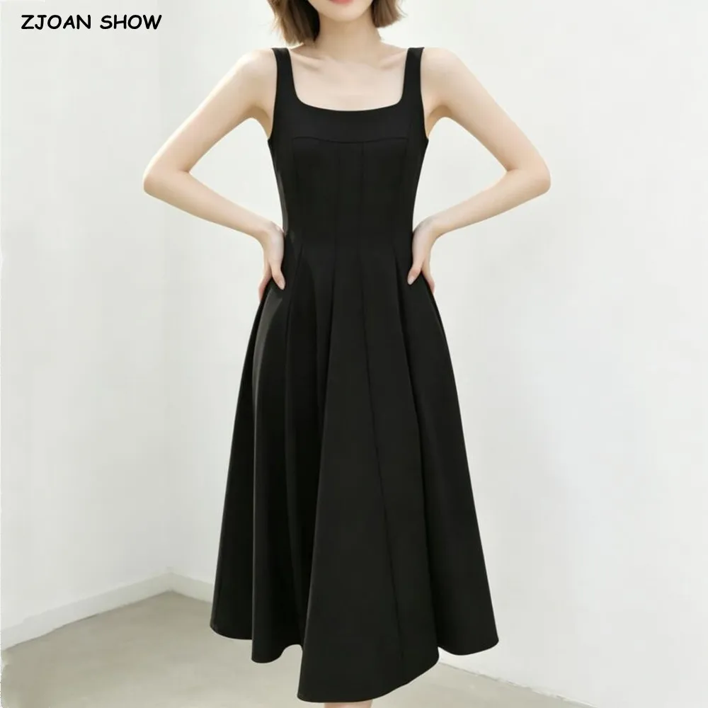 

Summer Women Plain Black Square Collar Tank Dress Zip Up Back Slim Waist Swing A-lined Swing Below Knee Length Dresses Sun Robe