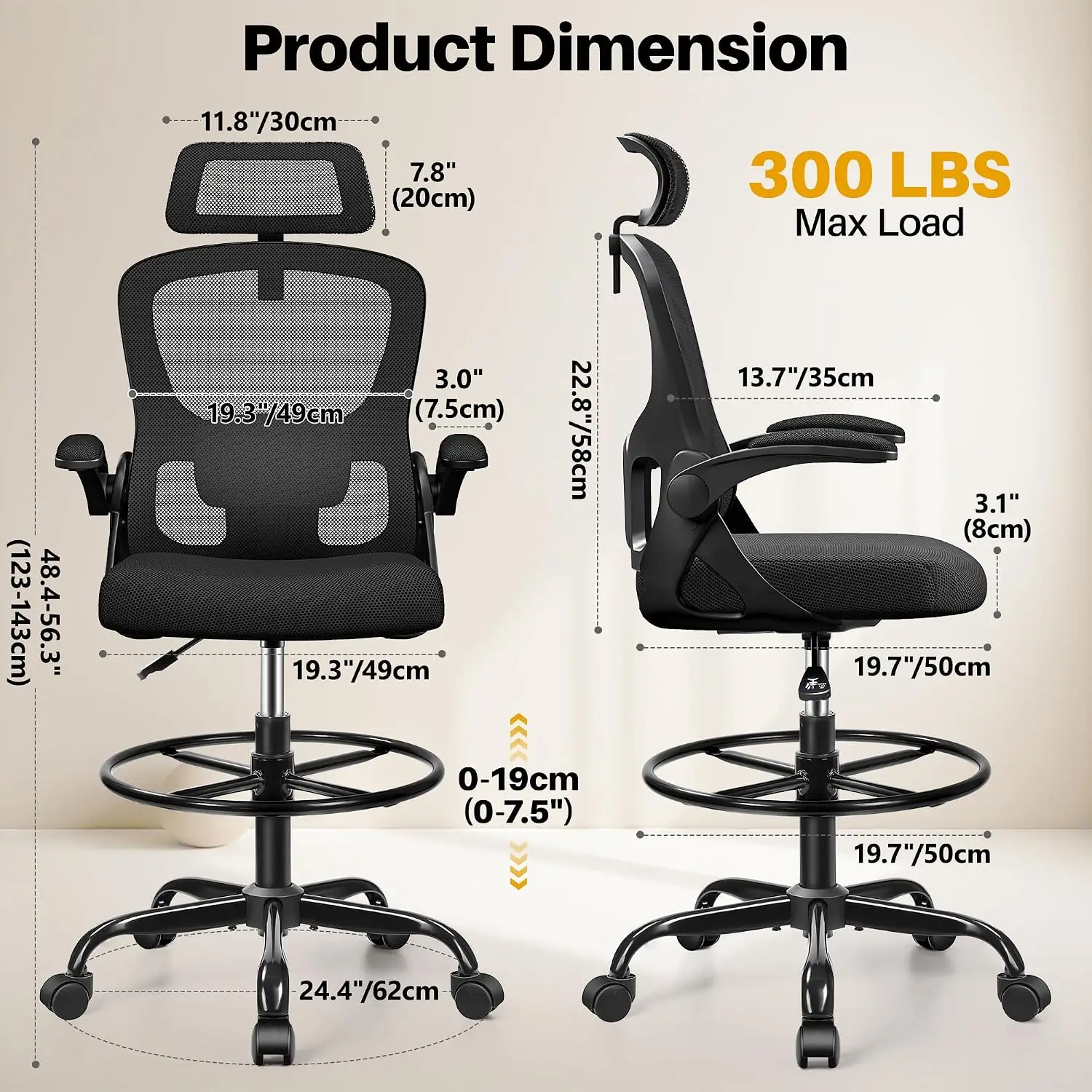 Ergonomic High Back Drafting Chair with Headrest Lumbar Support Foot Ring Flip-up Armrests Standing Desk Office, Customized