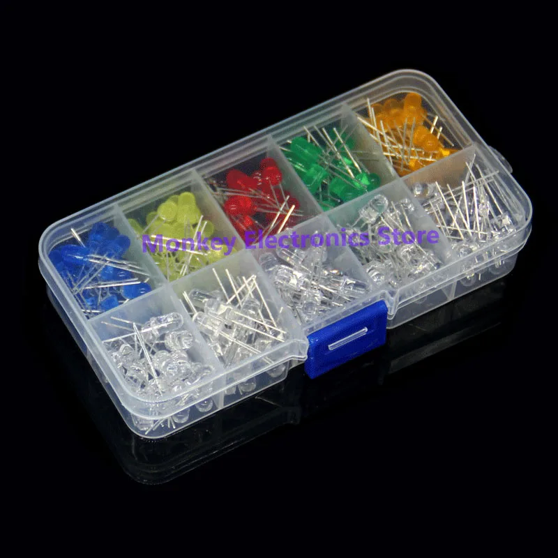 200 Stuks 5Mm Led Diode Kralen Set Box Wit/Blauw Geel Rood Groen Oranje Haar Blauw Geel Rood Groen Oranje Oranje Ronde Hoofd Dip