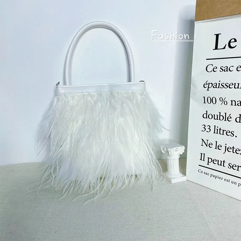 Luxury Designer White Pearl Chain Fur Bag Women Ostrich Fur Handbag Fur Messenger Bag