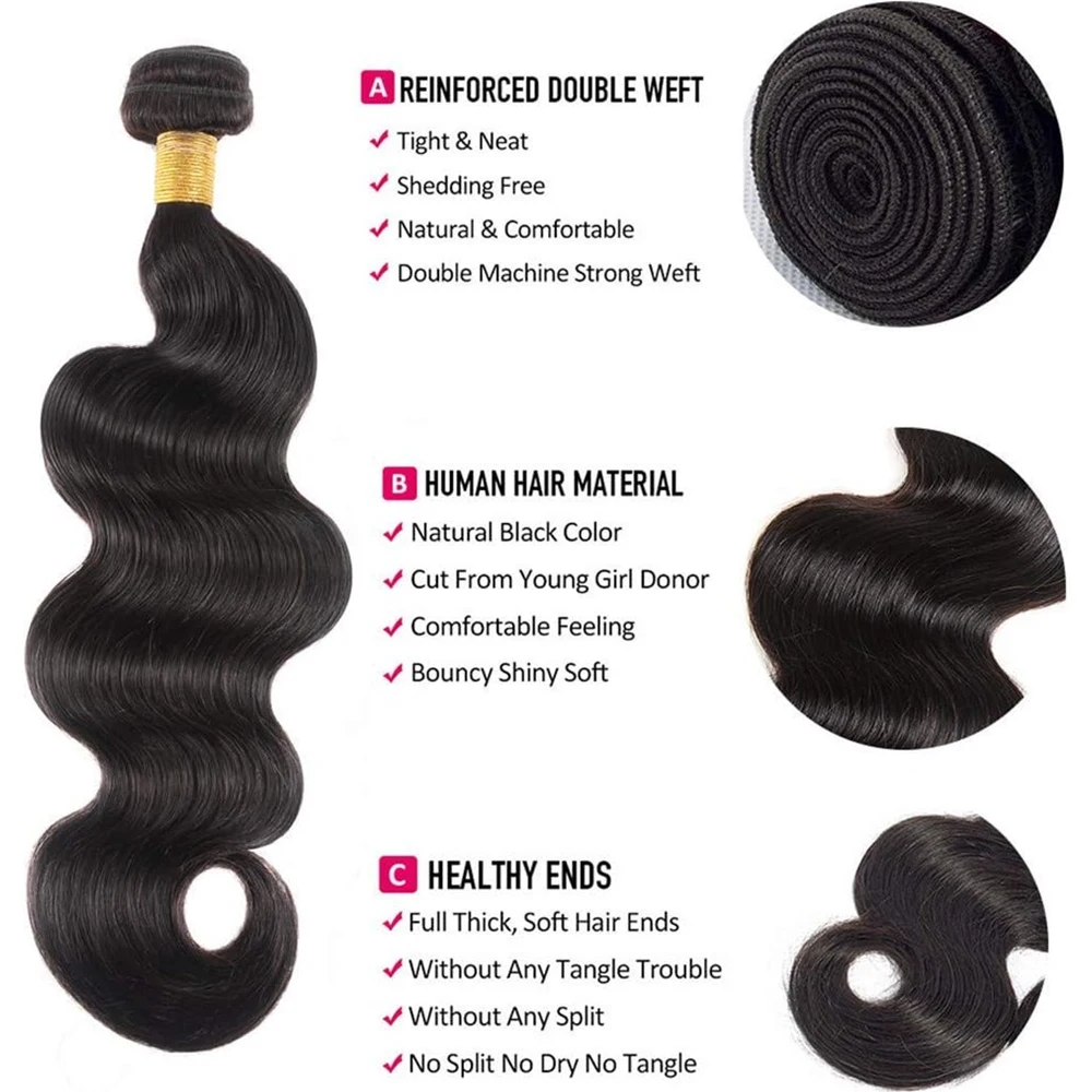 Mèches brésiliennes naturelles Body Wave 100% naturelles brutes, Extensions de cheveux épais 16A, lot de 1/3/4 pour femmes, livraison rapide