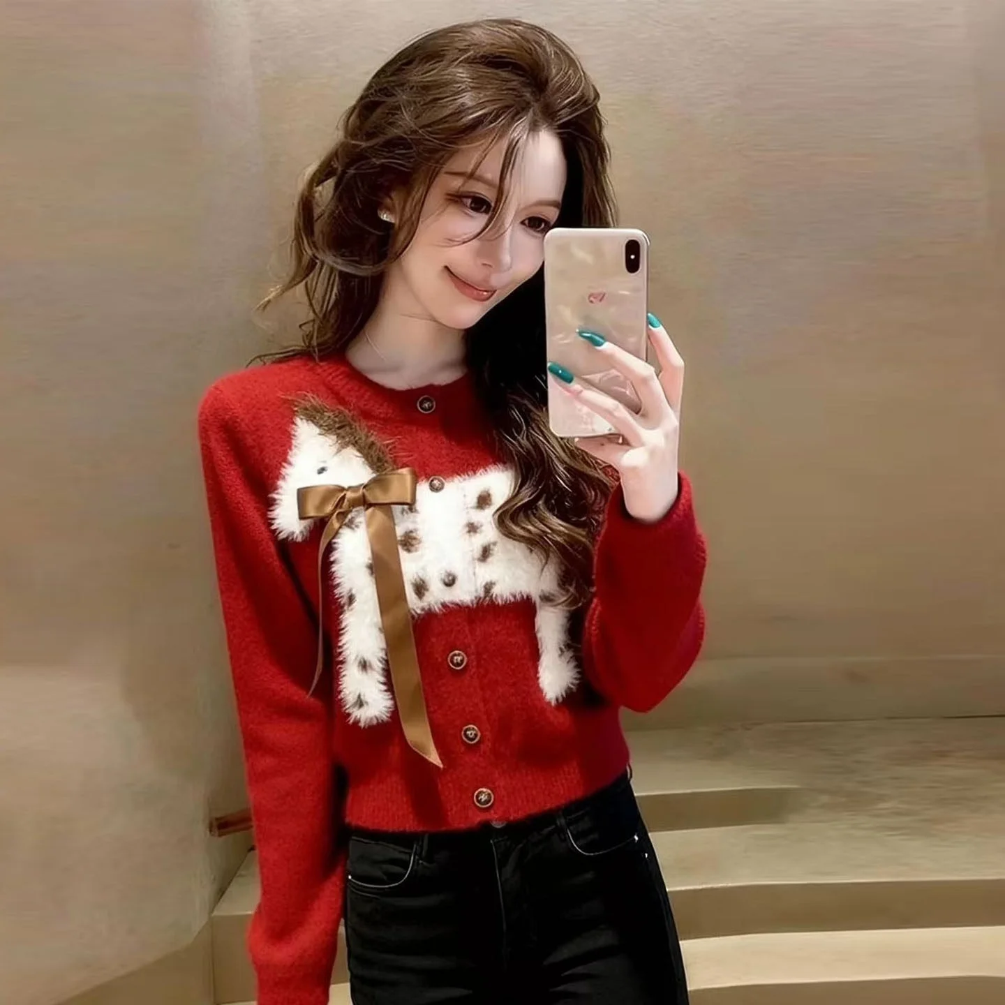 

Red Plu Knitted Sweater with Bow round Ne Open Cardigan Women's Autumn Winter Vintage Loose Chic Knitted Top