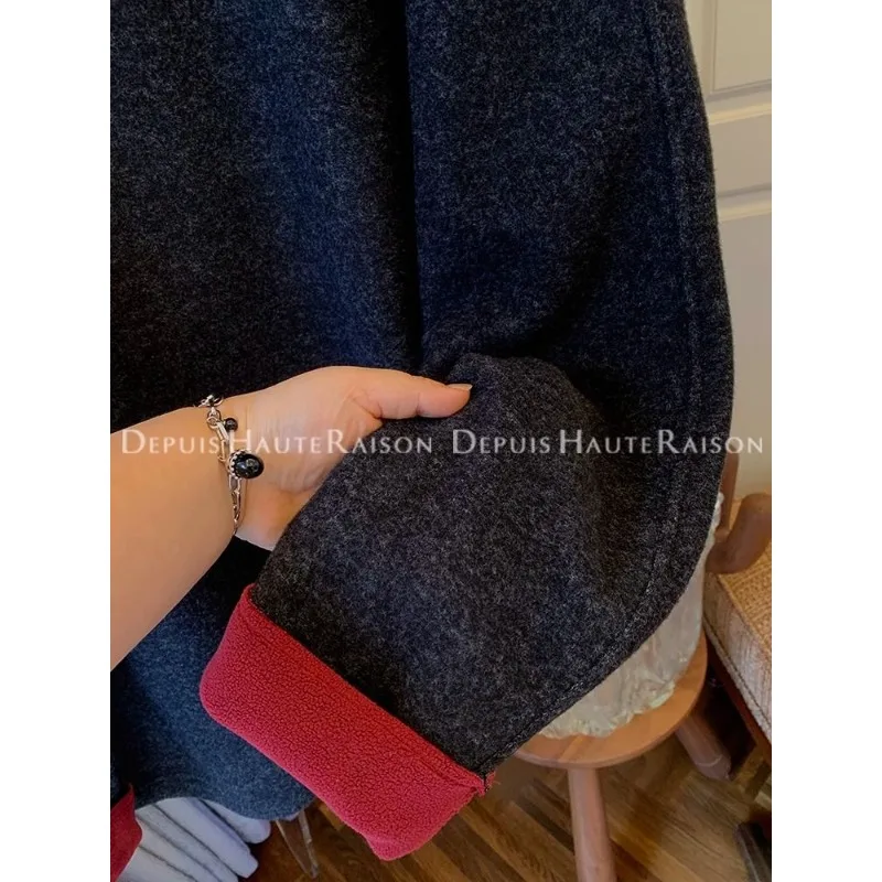 가짜 투피스 배색 브러쉬드 두꺼운 스웨트셔츠 여성용 이너 티셔츠 루즈핏 이너웨어