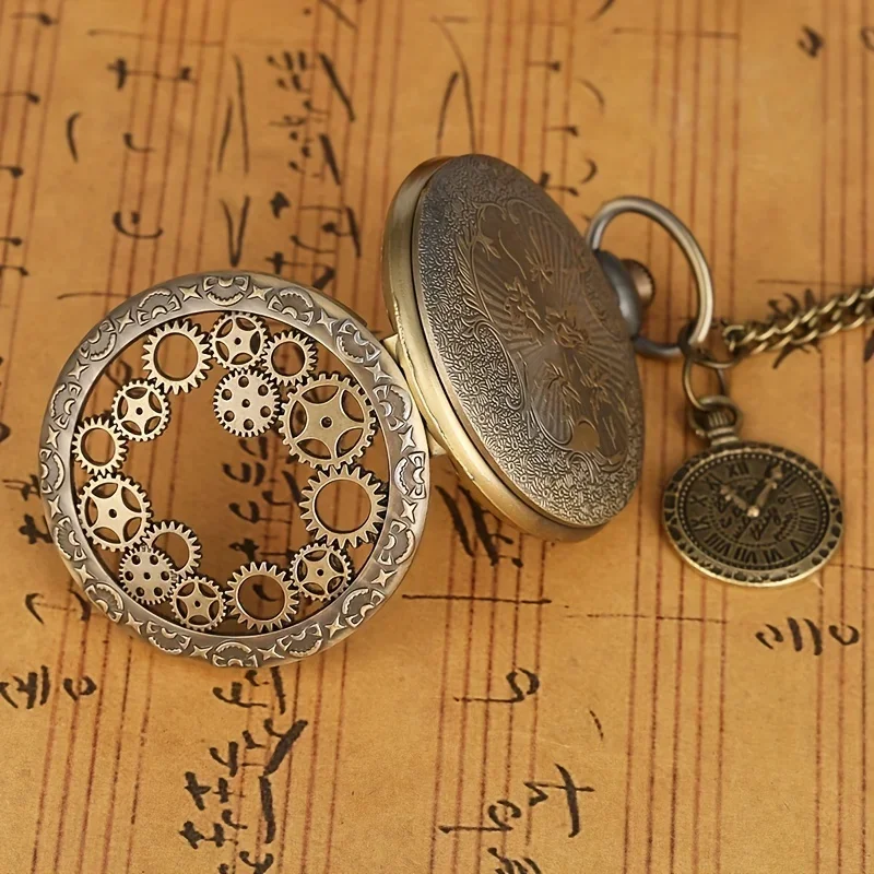 Reloj de bolsillo de cuarzo con esqueleto de engranaje, reloj de cadena con collar analógico Steampunk Retro para mujeres y hombres, regalo del Día del Padre