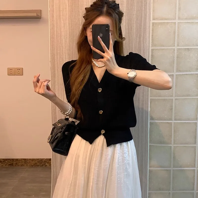 Korean Style Summer New Ice Silk Black Chanel-inspired Knitted Short-sleeved Cardigan Women\'s Top Body-shaping Waist-cinching T