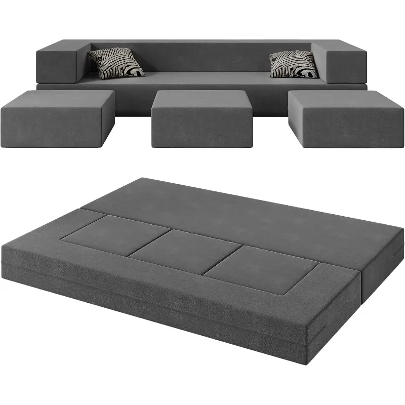 80'' Folding Bed Couch, Foam Floor Sofa with 3Ottomans& Washable Velvet Cover,Modular Sectional Sofa Futon Sleeper Convertible