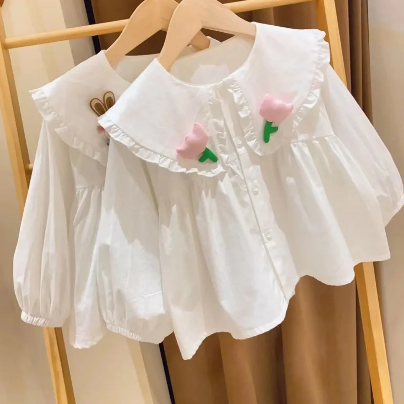 Girls' Bunny Shirt2024Autumn New Children's Clothing Children's White Shirt Col Claudine Top Baby Doll Shirt