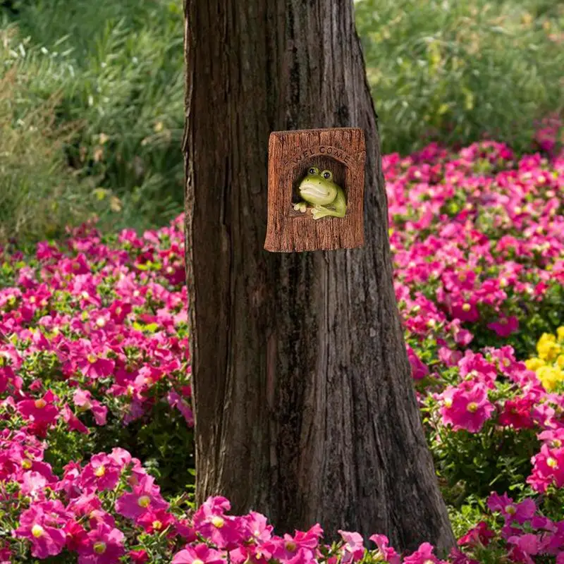 Figuritas de rana posadas para ventana, adornos de escultura de rana, casa de árbol linda, accesorios para pared de valla