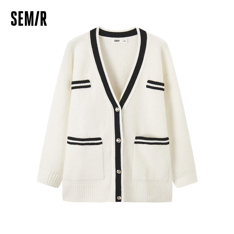 Semir Knit Cardigan Women Mid-Length Contrast Color V-Neck 2024 New Winter Loose Temperament Sweater