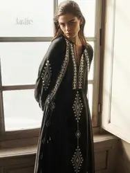 Jastie Vintage Embroidered Black Dresses For Women Lace Up V-neck Long Sleeve Autumn Dress Casual Beach Boho Holiday Dresses