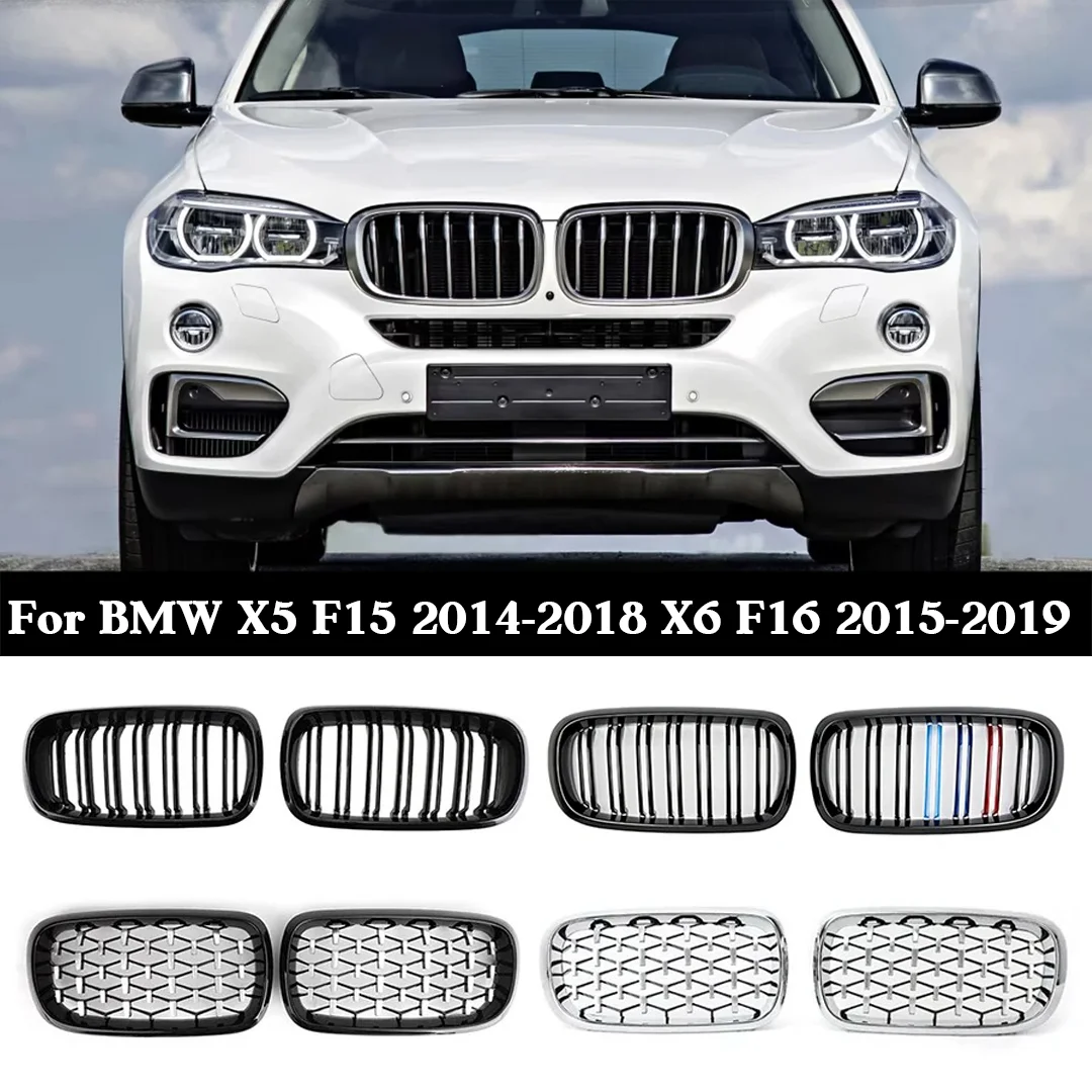 Front Diamond Mesh Grille for BMW X5 F15 / X6 F16 (2014-2019) – Gloss Black / Silver Kidney Grill