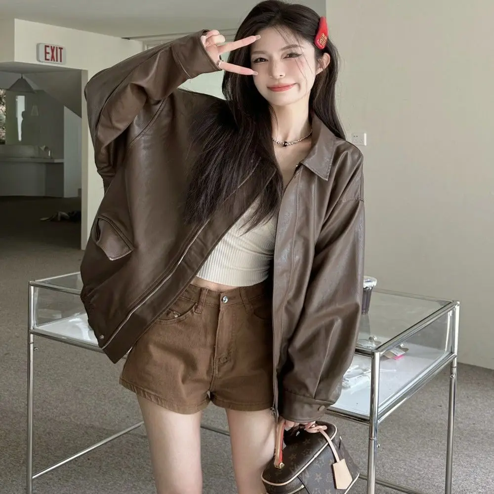 Chaqueta de cuero retro americana para mujer, estilo motociclista, de PU, color marrón y negro, para principios de otoño, hol...