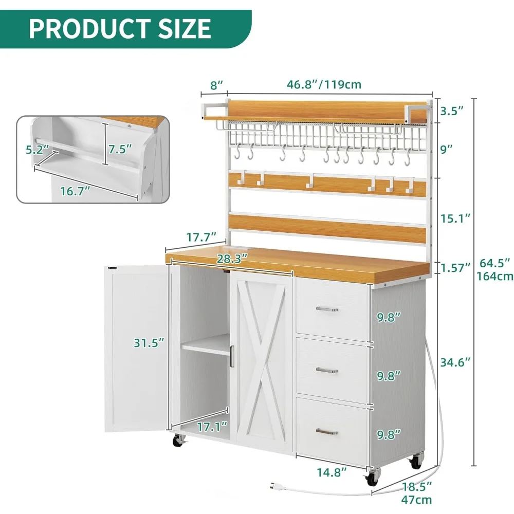 Kitchen Island with Power Outlet & LED Light,53 Inch Large Baker Rack Cart with Storage Cabinet Tall Shelf on Wheels,White & Oak