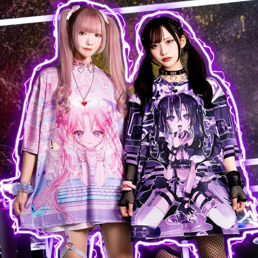 Camiseta Estampada de Manga Corta para Adultos/Niños, Estilo Angel and Devil Landmine, Subcultura Harajuku, Estilo Oscuro, Dulce y Genial, Última Moda 2026