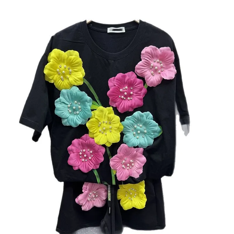 Summer Colorful 3D Flowers T-shirt Pearls Beaded Floral Embroidery