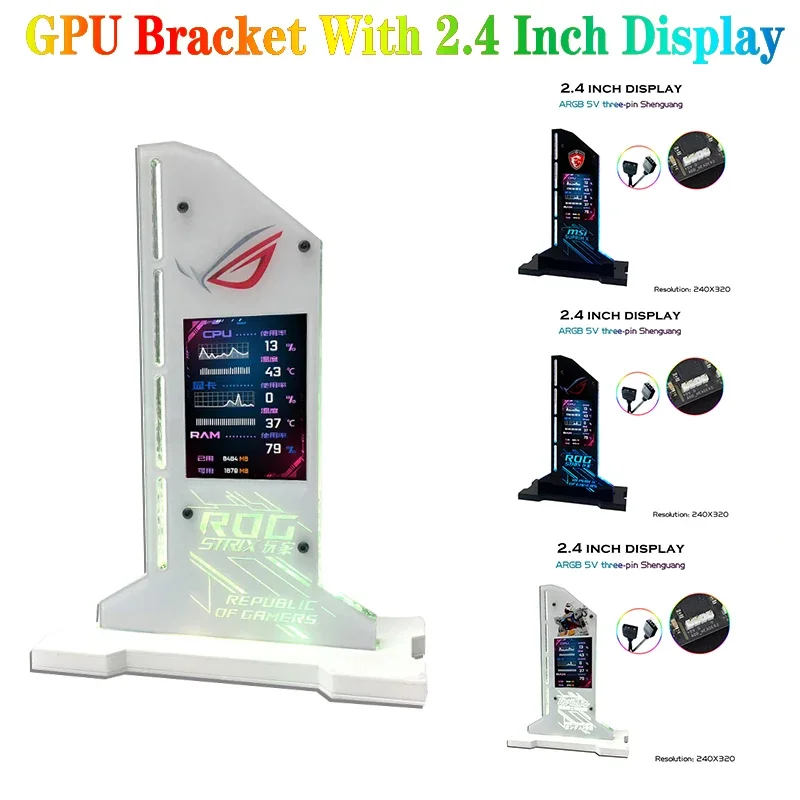 RGB GPU Bracket With 2.4 Inch LED Temperature Display 3090 4090 ROG MSI VGA Holder Vertical DIY Gaming Monitor AURA SYNC AIDA64