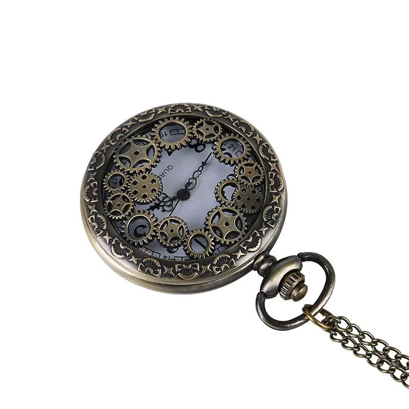 Antique mechanical parts bronze pocket watch large antique gear parts embossed pocket watch with necklace 8134