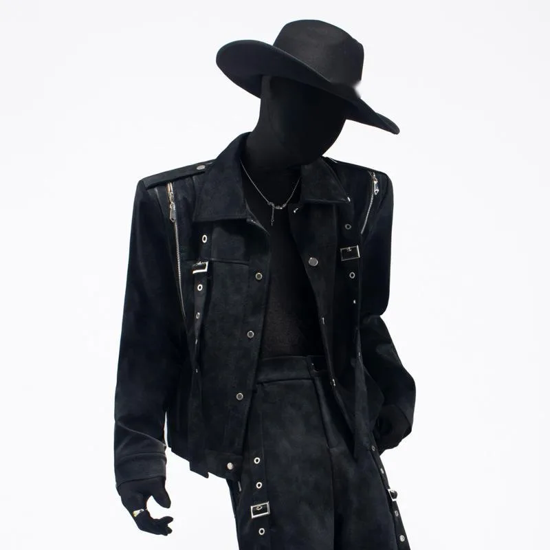 WVGA Spring Autumn New Man High Street Personality Metal Trendy PU Leather Long Sleeve Jacket Niche Chic Casual Pants Ins W13079