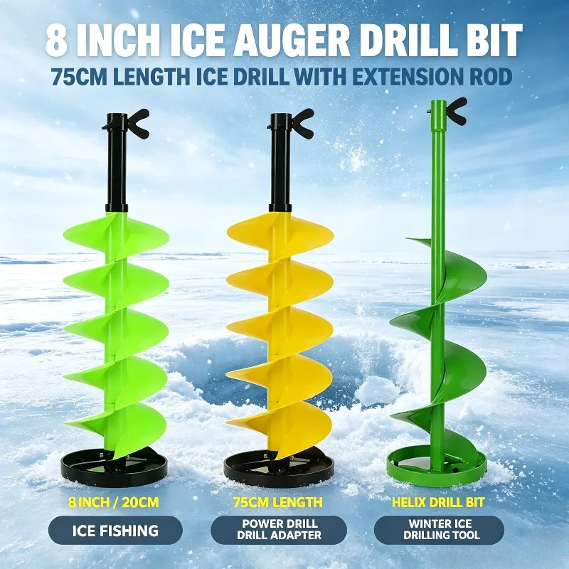 Ice Fishing Ice Auger Bit 8 Inch Diameter 75CM Drill Bit Equipped With 50CM Extension Connecting Rod For Winter Ice Angling