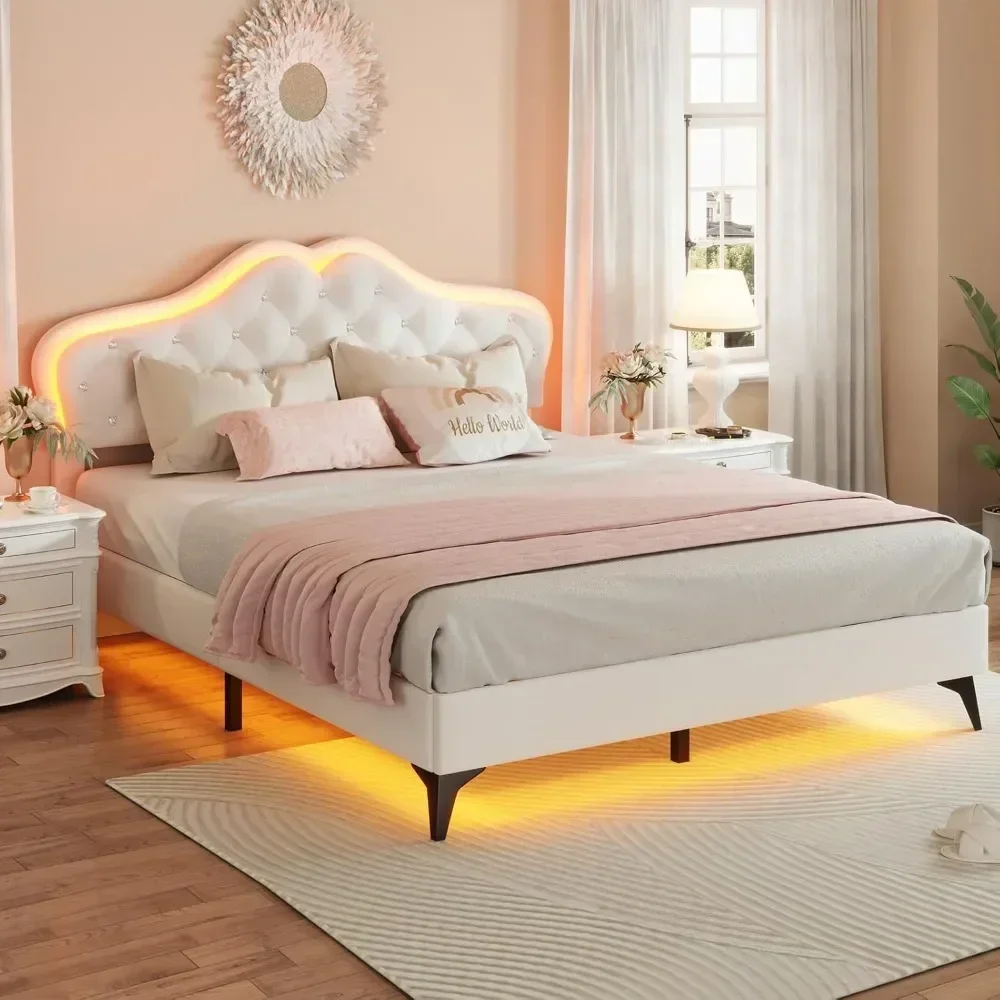 Full Size Bed Frame with LED Lights, Adjustable Headboard, Crystal Button, Solid Wood Slats Support, Princess Platform Bed Frame