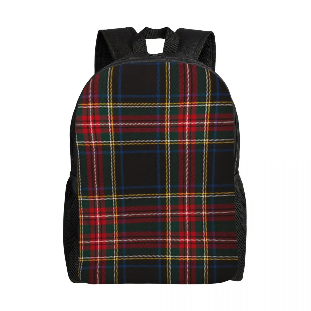 Custom Black Tartan Plaid Travel Backpack School Laptop Bookbag Geometric Gingham Check Texture College Student Daypack Bags