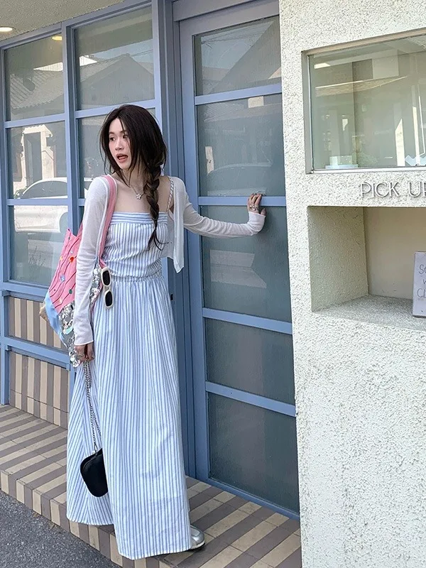 

Летнее платье больших размеров в полоску с завышенной талией, скрывающее живот, в повседневном стиле, с яркой нитью, новинка