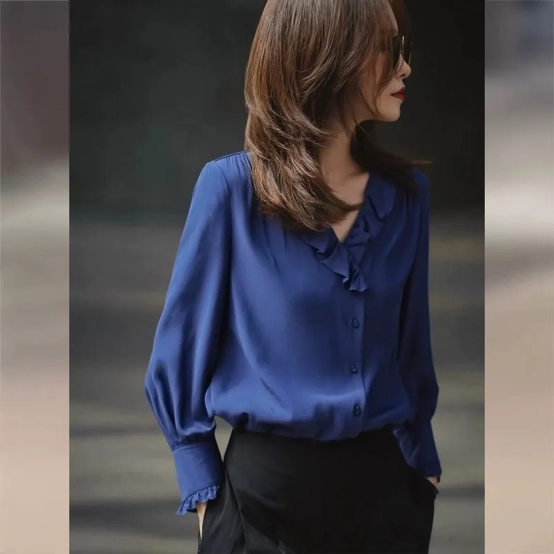 

Vintage Women's Blouses Solid Color Casual Shirts Fashion Loose Summer French Clothing Long Sleeved Chiffon Ruffles Women Tops