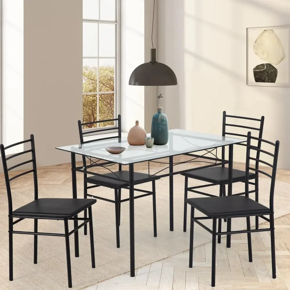 

A Kitchen dining table and chairs 5-piece set, classic dining table set, glass top table and 4 rectangular chairs with metal l