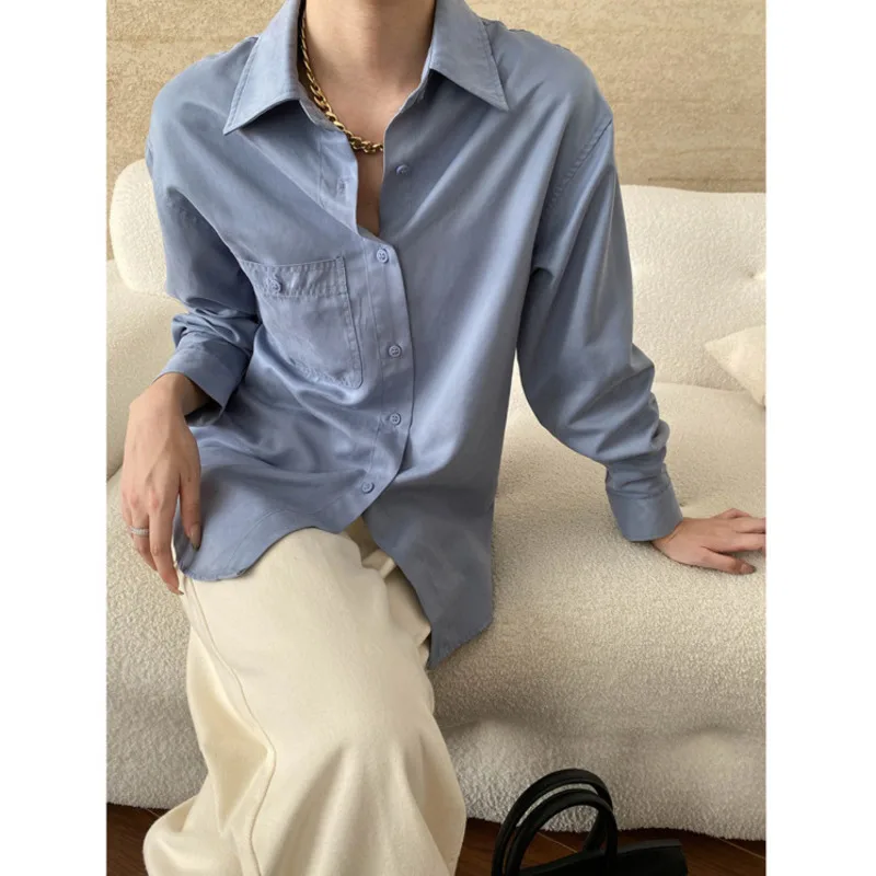 Autumn Vintage Lapel Collar Pocket Shirts Women Long Sleeve Single Breasted Loose Thick Casual Tops