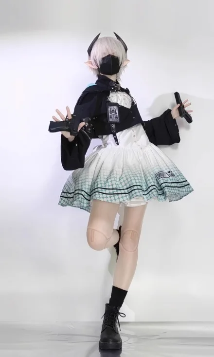 

2025 Spring Summer Autumn New Electronic Cat Lolita White Short Strap Dress Punk Gothic Style Black Jacket Two-Piece Set