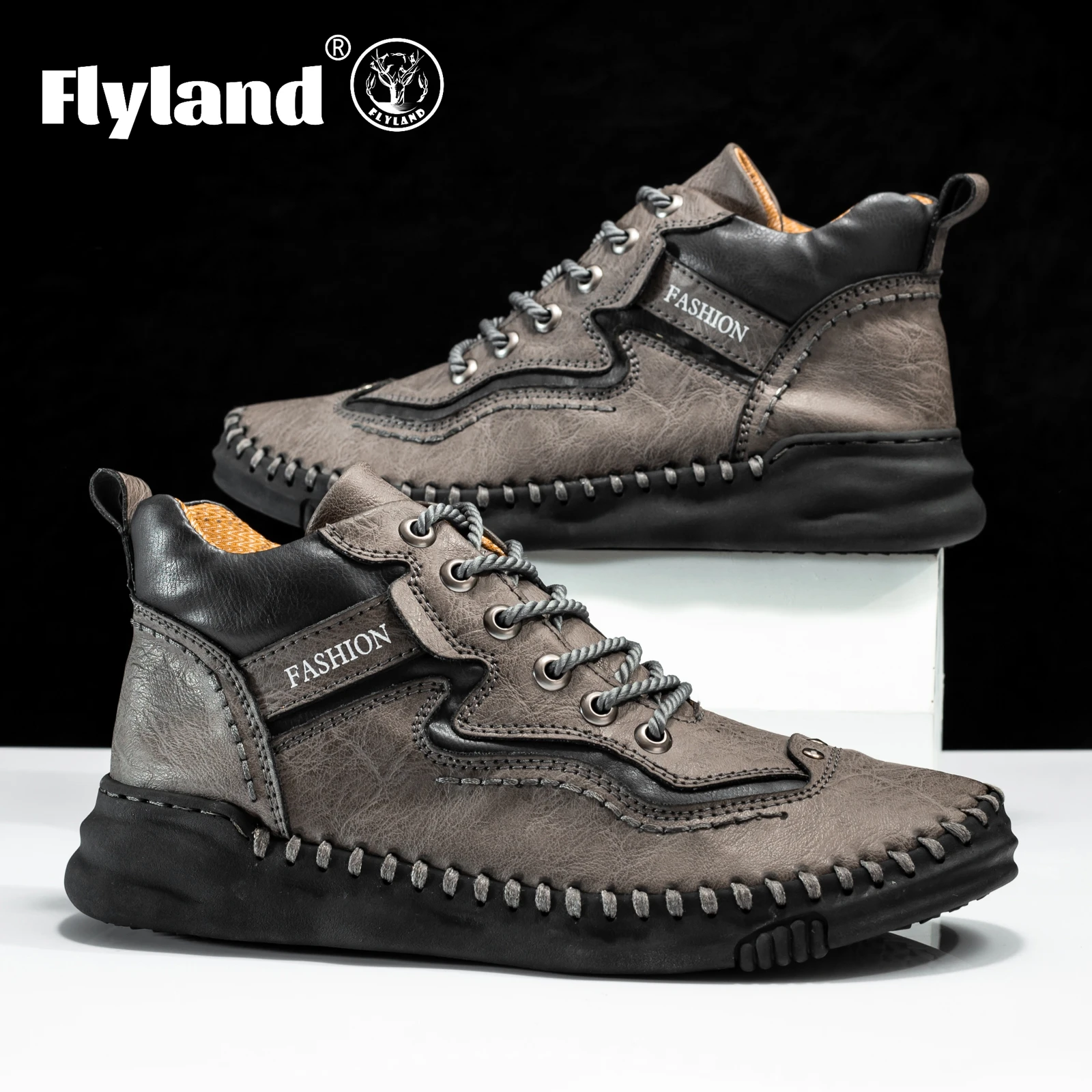 FLYLAND Men\'s Fashion Vintage Hand Stitching Soft Business Casual Leather Ankle Boots Handmade Shoes