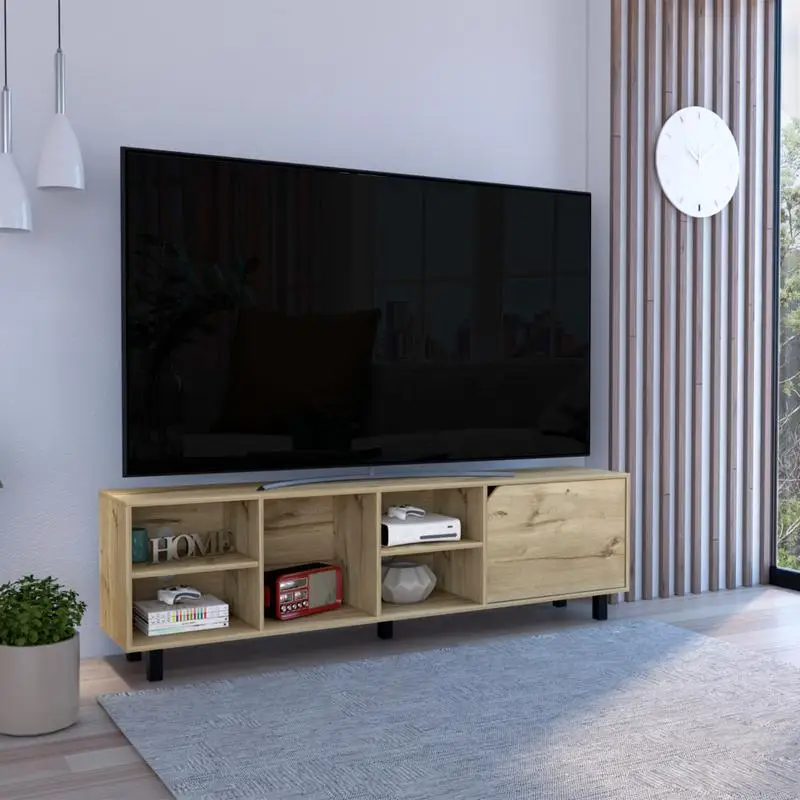 Supporto TV Conquest per TV fino a 70 pollici, 4 ripiani aperti, 5 gambe, finitura rovere chiaro, design moderno, mobili salvaspazio per