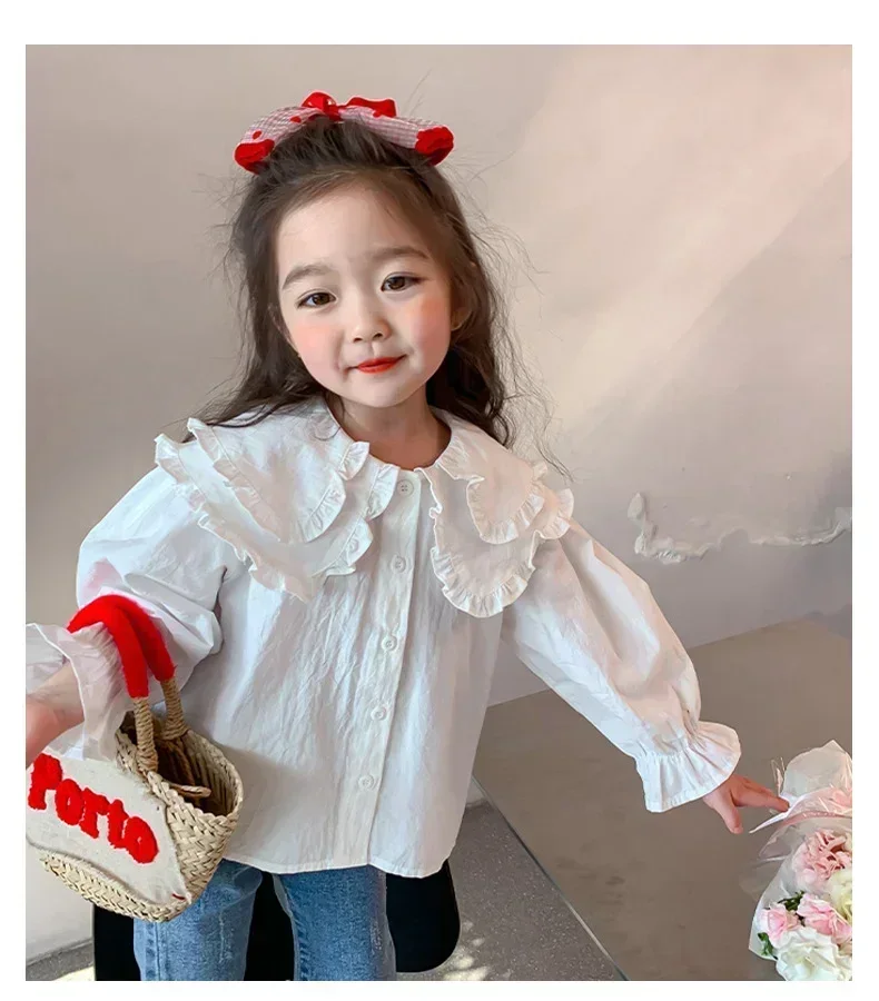 Baby Girls Blouses Kids Cotton Shirts 2024 Spring Fall Doll Collar Tops 1 To 6 Yrs Children\'s Korean Style Clothing Solid Color