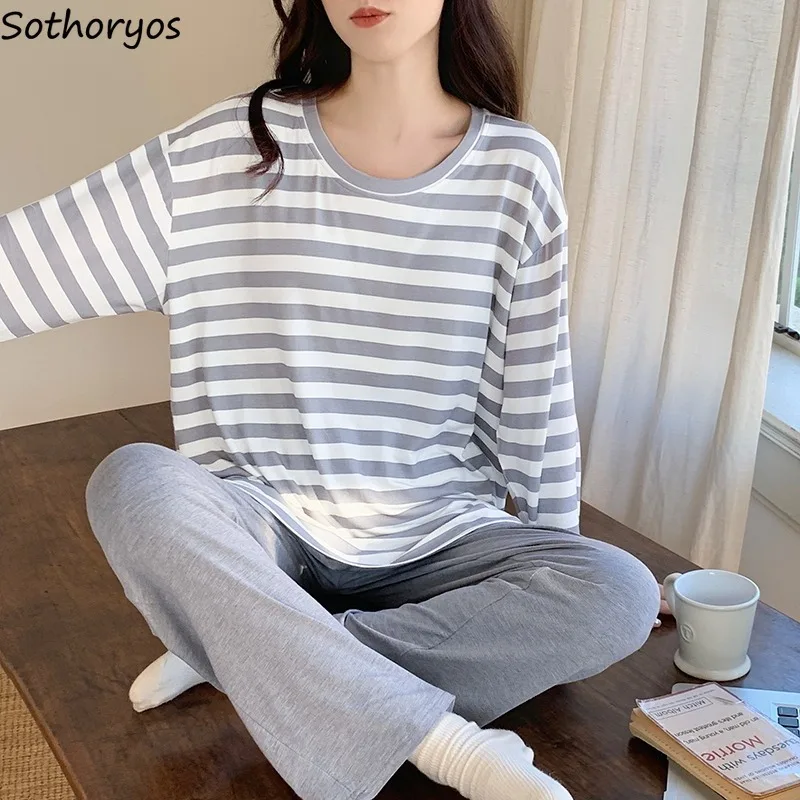

Pajama Sets Women O-neck Striped Ins Loose Fit Young Cute Long Sleeve Homewear All-match Korean Fashion Classic Autumn Pyjamas