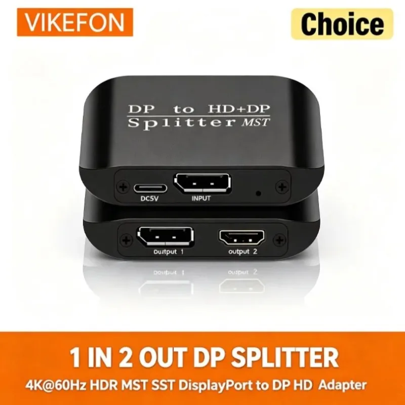 VIKEFON DP to HDMI DP Splitter 1 in 2 Out 4K@60Hz HDR MST SST DisplayPort Adapter for Dual Monitor Display Desktop Laptop PC Use