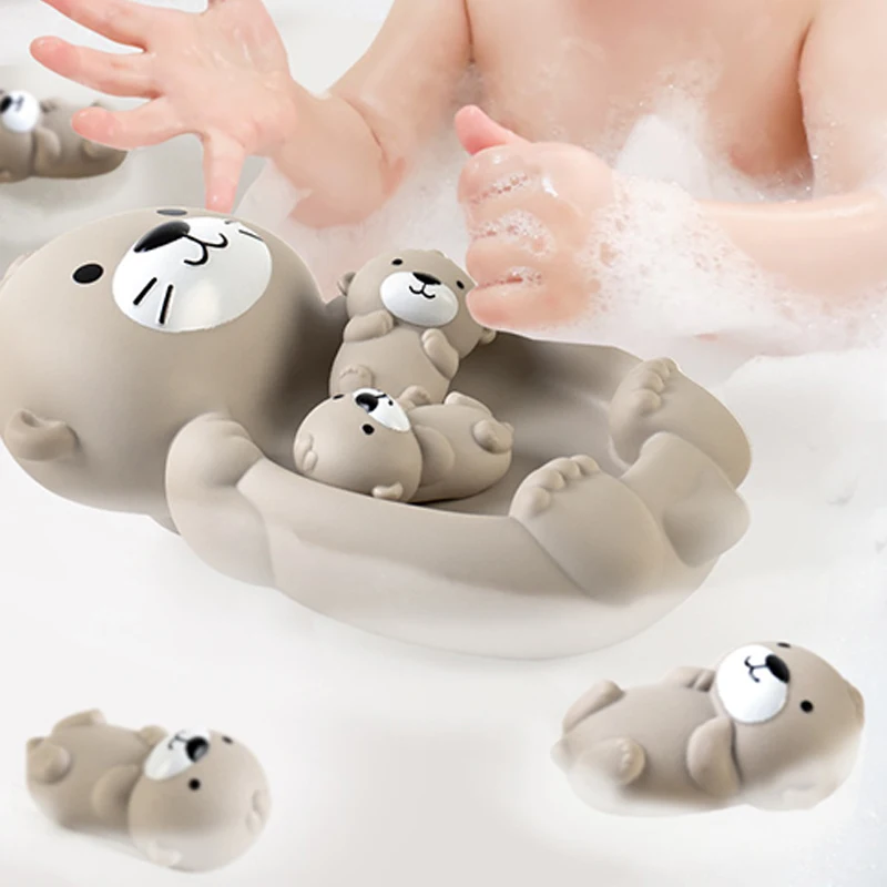 1Set Children's Bathroom Floating Animal Otter Set 1 Large 3 Small Sealed Floating Water Play Toys Baby Bath Toys