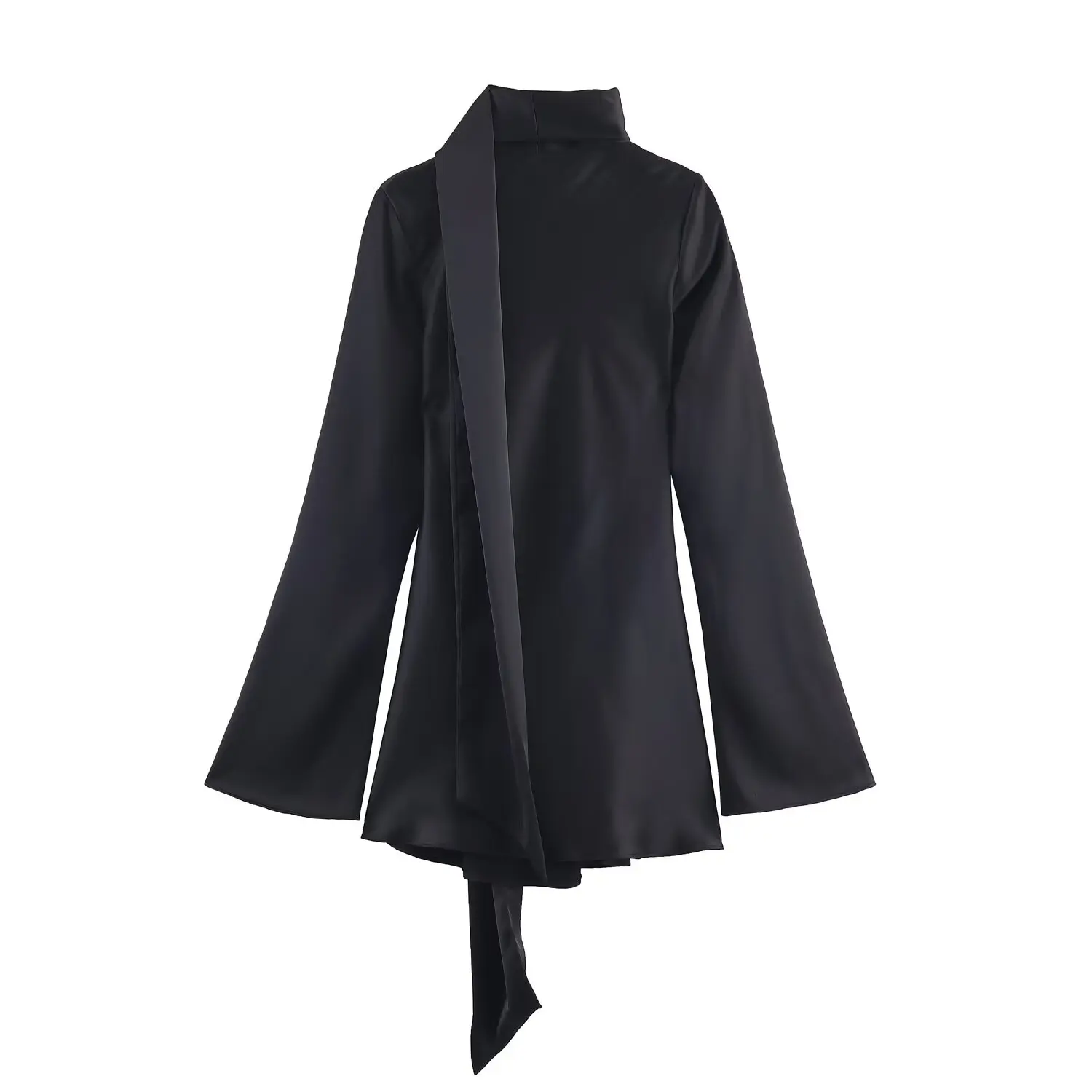 Sukienka damska BSAY z satynową teksturą, modna na jesień i zimę, nowość 2025, długi rękaw, dekolt w serek, francuska sukienka wieczorowa.