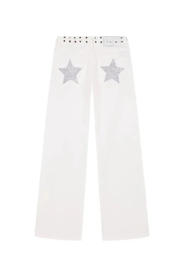 JEDNA ZADZIELEŻENIA: Dżinsy damskie w stylu Harajuku z pięcioramienną gwiazdą, element Liu Ding, białe, Y2K, nowe, gotyckie, codzienne, uniwersalne, szerokie spodnie.