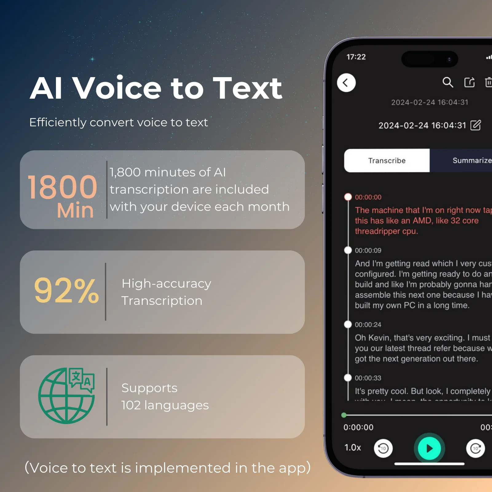 AI Voice Recorder-Transcription, Übersetzung, Zusammenfassung, Mind Mapping, Sprachaktivierung 64 GB Aluminium-Diktiergerät [AI-Version]