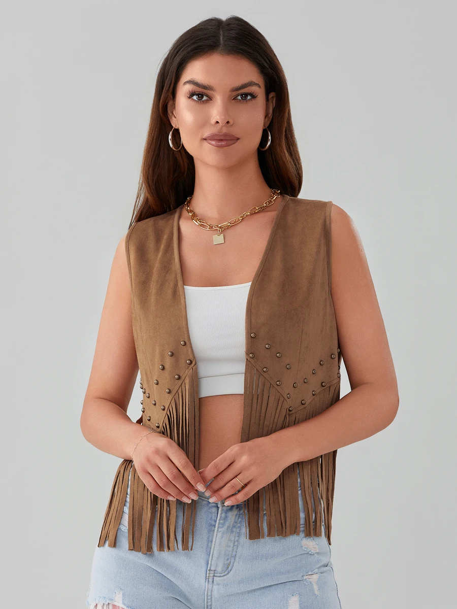 HzDazrl Women Fringe Vest Open Front Rivets Tassel Sleeveless Vest Coat Vintage Cowgirl Hippie Casual Jacket Outwear