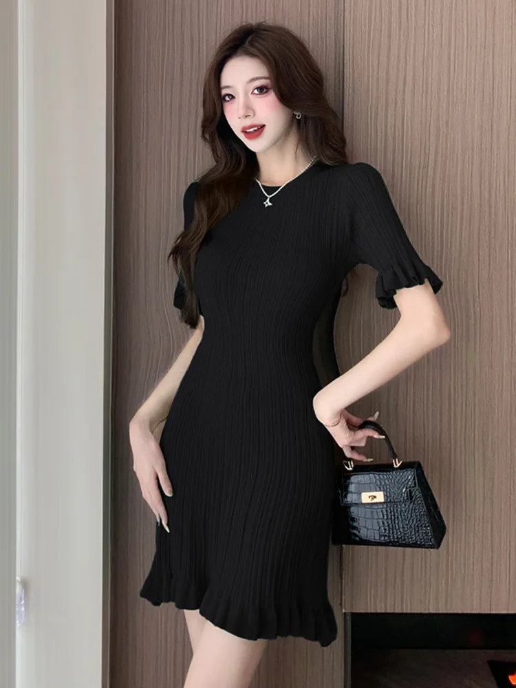 Women Summer O-Neck Knitting Dress Casual Vestidos Elegant Simple Office Party Dress Ladies Short Sleeve Sheath Pleated Dresses