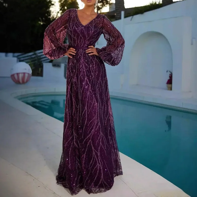 ชุดราตรีผ้าโพลีเอสเตอร์ทรงยาวประดับเลื่อมแบบแยกส่วน รุ่น Dr Long Lantern Sve Faion Prom Dr Ladies Par Gown