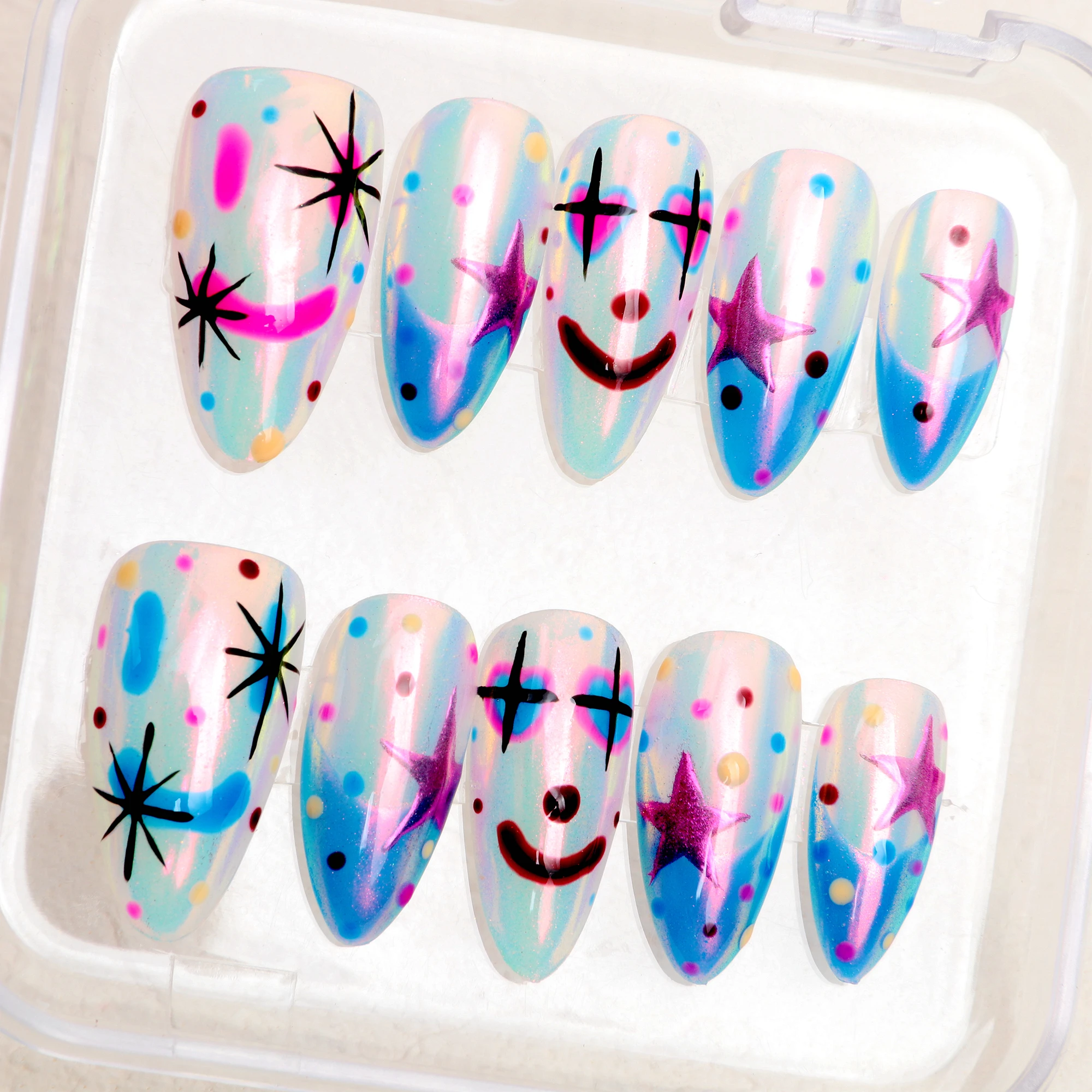 10Pcs Clown Halloween Lover press on nail Custom Hand-Painted chrome version Nail Art Horror Designs with Adhesive Nail File Set