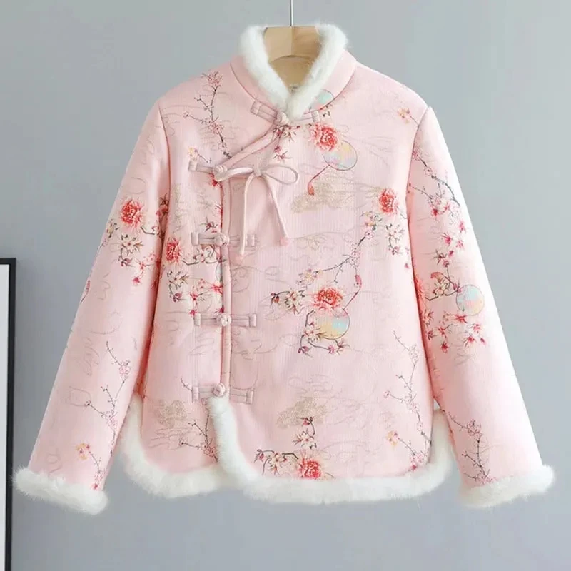 2024 New Winter Explosions Floral Cotton-Padded Coat Ethnic Retro Buckle Ladies Fashion Short Warm Cotton -Padded Jacket 5XL