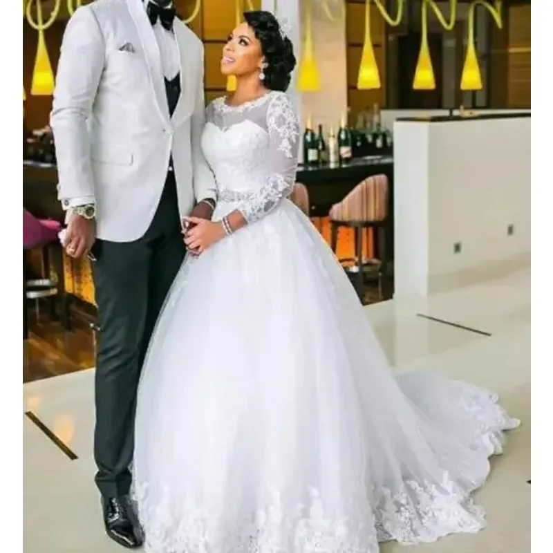 Customized New African A Line Wedding Dresses Illusion Lace Appliques Pearls Sashes Beads Sweep Train Plus Size Formal Bridal Go
