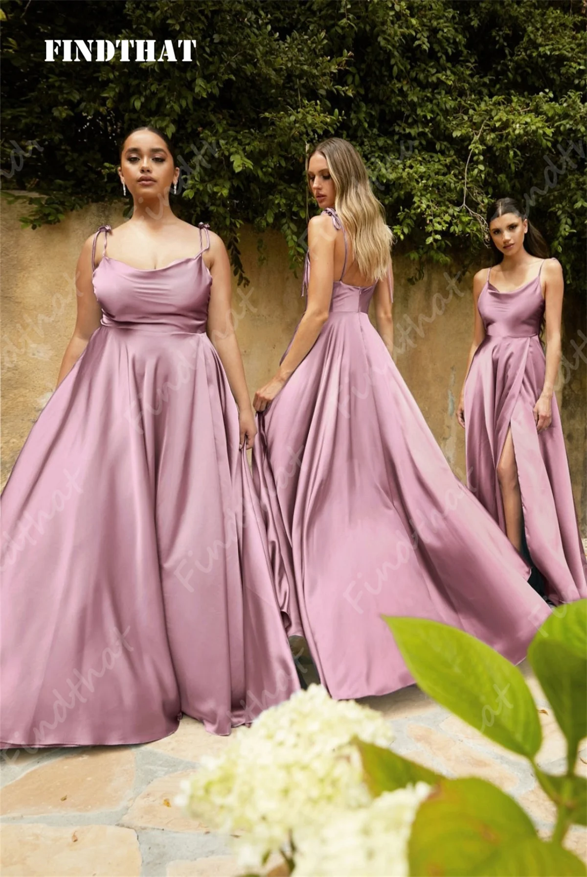 Findthat Elegant Spaghetti-Straps Satin Bridesmaid Dresses Backless A-line Side Slit Prom Maxi Dress Simple Evening Party Gowns