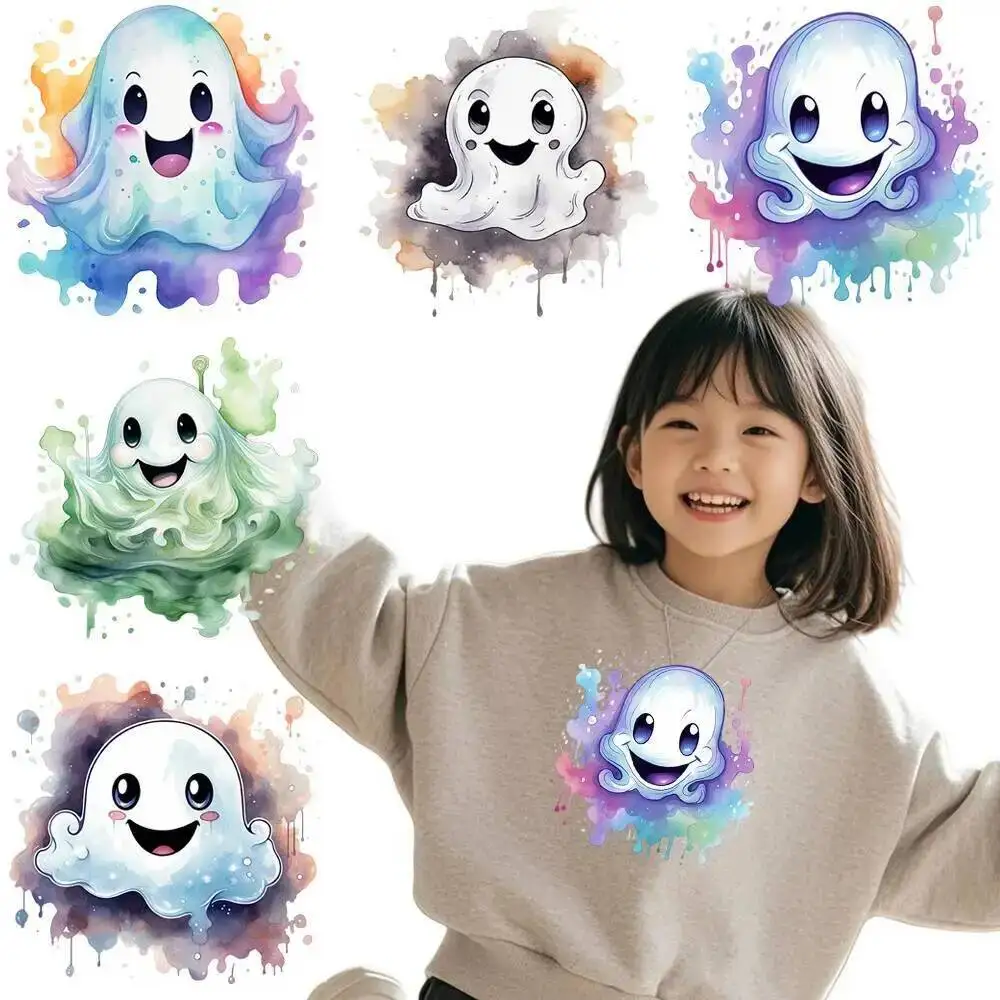 18.5CM Cartoon Watercolor Ghost Print Sticker Clothes Heat Transfer Stickers DIY T-Shirt Iron On For Women Clothing Appliques