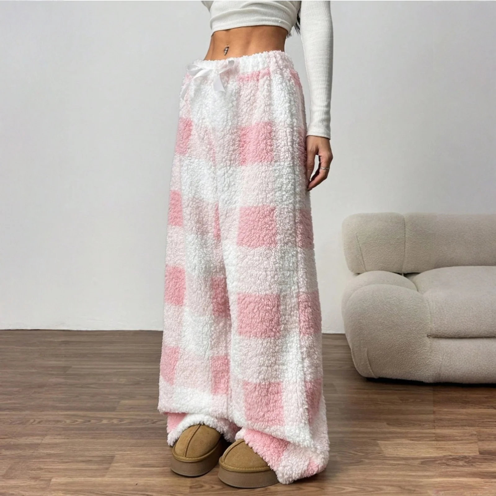 Women's Fashionable Fall and Winter Thicken Loose Elastic Drawstring Plush Checked Long Pants Comforable Casual Trousers 2