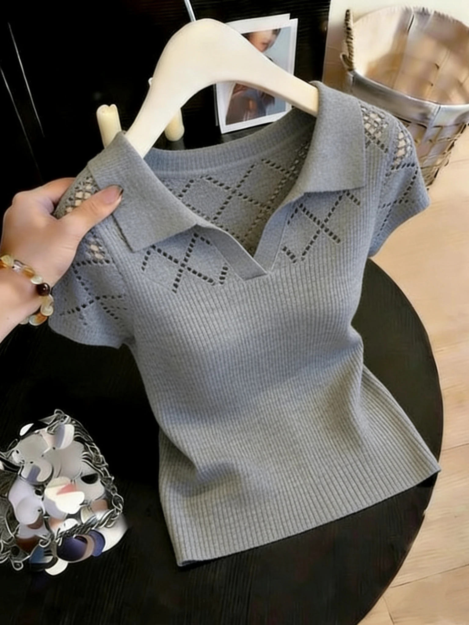 

Elegant Neck Hollow out Short Sleeve T-Shirt Women's Korean Style Summer Top Breathable Knitted Casual Fashion
